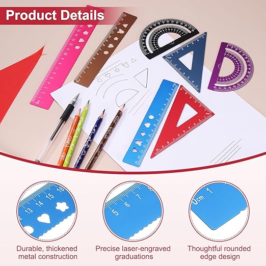 PATIKIL 4 Pcs Geometry Drafting Tool, Aluminum Alloy Geometry Kit Math Tool Includes 20cm L Ruler Protractor Triangles for Drafting Angle Measure Simple Science Experiment, Sky Blue