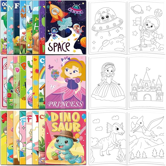 Kalysky 24 Pack Mini Coloring Books for Kids Ages 4-8 (7 * 5.1in), Party Favors Bulk Coloring Books for Toddlers 1-3, 288 Different Illustrations, Birthday Goodie Bags Stuffers for Boys Girls