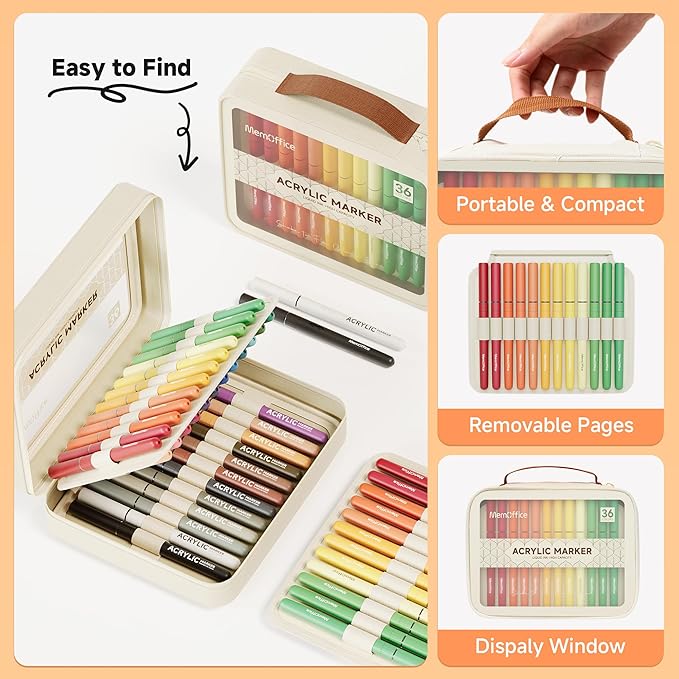 MemOffice Direct Liquid Acrylic Paint Markers, 36 Colors Brush Tip Pens with Carrying Case, No Bleed, Waterproof, for Rock, Wood, Canvas, Glass, Fabric, DIY Crafts for Adults