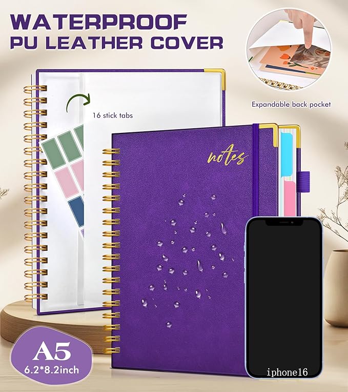 5 Subject Spiral Notebook Journal with Removable Dividers Tabs, 300 Pages Organizer Notebooks for Work School, A5 Hardcover Leather Notebook College Ruled, Lined Journal for Women Men，Purple