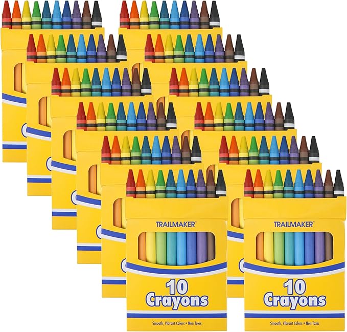 Trail maker 100 Pack Crayons Bulk for Kids, Classroom - Wholesale Bright Wax Coloring Crayons Party Favors in Bulk, 10 Per Box Art Set
