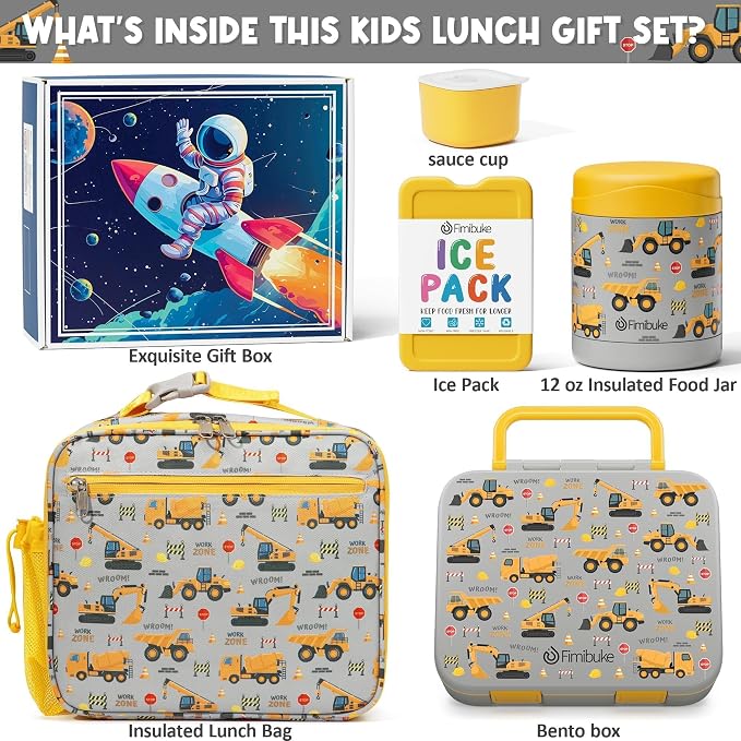 Fimibuke Bento Lunch Box for Kids Toddler Boys with 12OZ Insulated Food Jar | 3-Compartment 32OZ Snack Lunch Container Bento Box, Lunch Bag & Ice Pack Set for Age 3-12 School Daycare, Construction Trucks