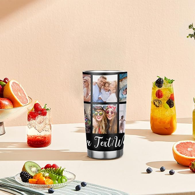 Personalized Tumbler Custom Vacuum Insulated Travel Mug Customizable Coffee Cup with Your Photos and Text Christmas Birthday Gift (10 Photos+Text)