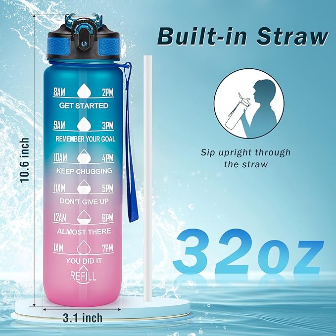 YC Kitchen Motivational Water Bottle with Time Marker - 32oz, Leak-proof BPA Free Sports Water Bottles with Straw & Carrying Strap