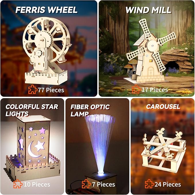 5-in-1 STEM Kits for Kids Ages 8-13, Wooden Building Toys with Motorized Ferris Wheel & Night Light, DIY Science Engineering Projects, Educational Gifts for Boys and Girls