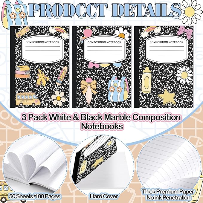 Eaasty Composition Notebook Wide Ruled Paper Assorted Marble Aesthetic Composition Notebook 100 Page 7.5" x 9.75" Journal Gift for Back to School First Day of School Students Teacher(3 Pcs,Classic)