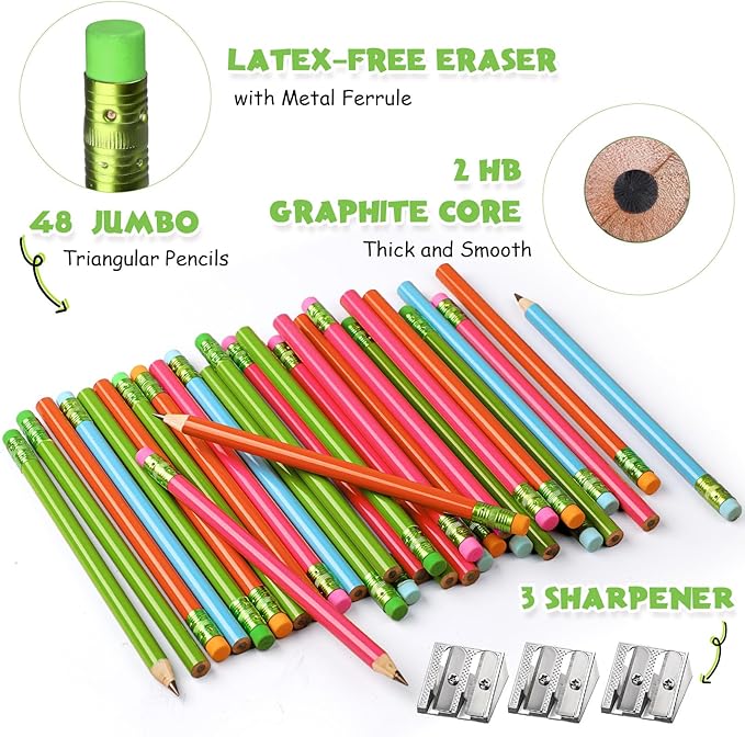 Fainne 48 Pcs Fat Pencils Jumbo Big Thick Large Pencils and 3 Pieces Sharpeners for Kids Beginners Preschoolers Kindergarten School Office Supplies(Multicolor,Round)