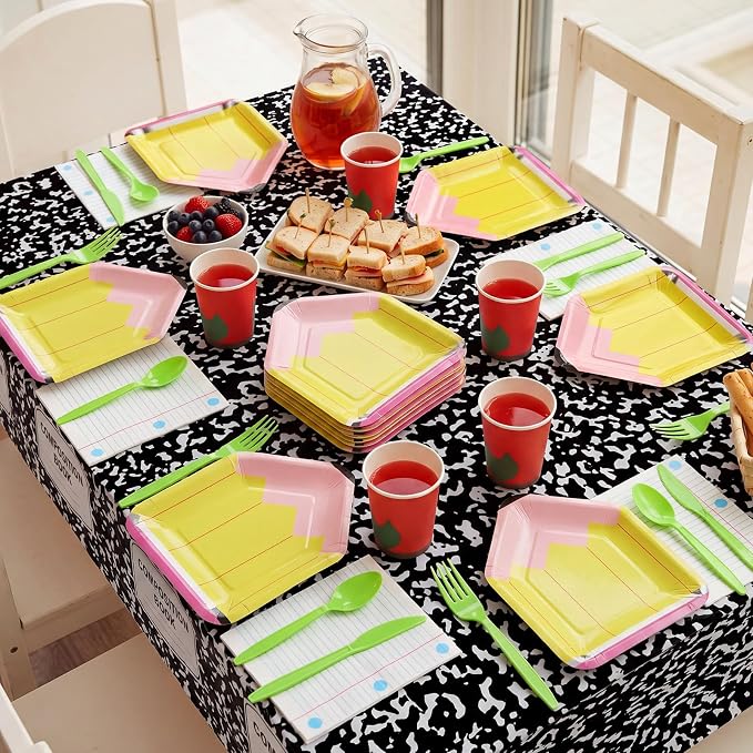 Reallnaive 146 Pcs Preschool Kindergarten Graduation Party Decoration Pencil Paper Plate Teacher First Day Back to School Party 24 Set Disposable Tableware Notebook Tablecloth for Classroom Pre K Grad