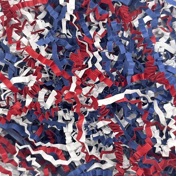 Tisspoms 1LB Red White Blue Crinkle Cut Paper Shred Filler, Paper Shreds for Basket Fillers, Birthday, Gift Wrapping, Fourth of July Independence Day Gift Decor Party Filler