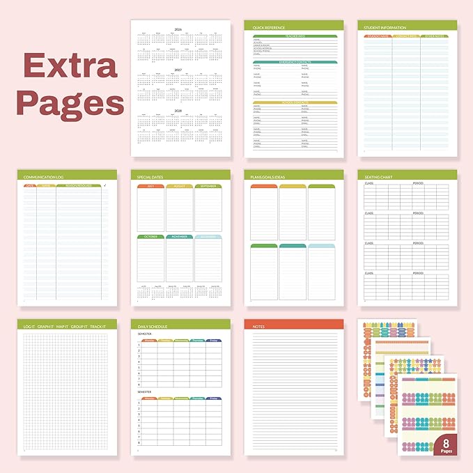 SUNEE Deluxe Teacher Planner 2026-2027, Lesson Planner Book with 7 Periods Jul 2026 - Jun 2027, 8.5" x 11" Daily Weekly and Monthly Organizers with Colorful Tabs, Planning Stickers,120gms Paper, Pink