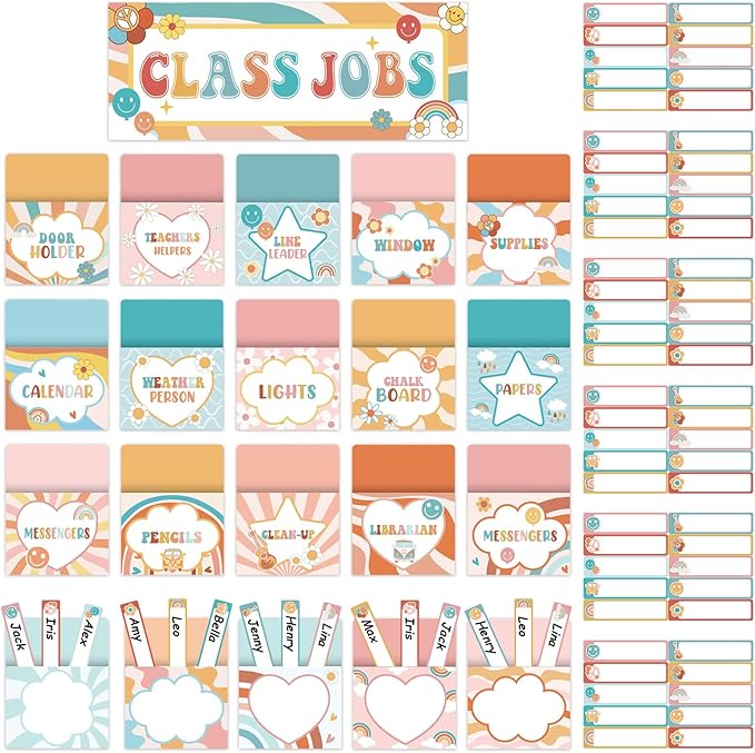 ZOiiWA 81pcs Groovy Class Jobs Bulletin Board Hippie Themed Classroom Jobs Pocket Chart Set Teacher's Helper Chalkboard Decor Classroom Bulletin Board Set Wall Decoration for Back to School Supplies