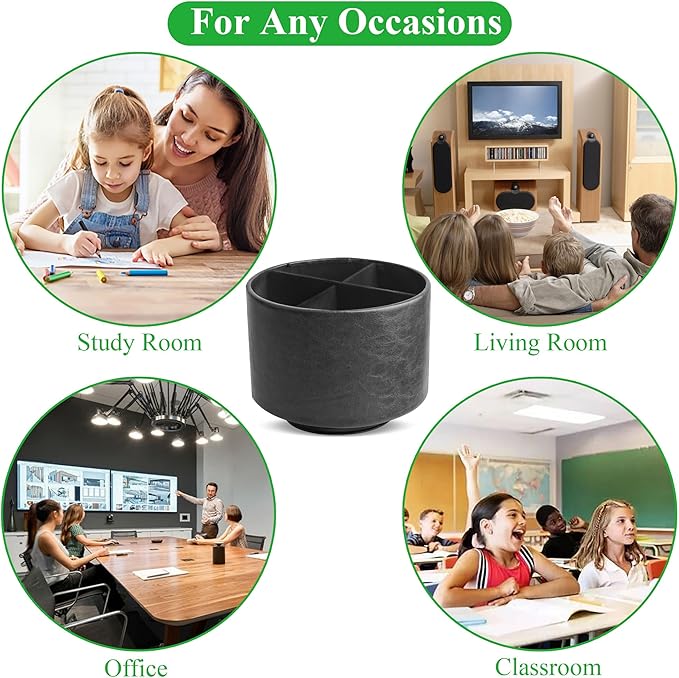 Round Leather Art Supply Organizer,Remote Control Holder,360 Degree Spinning,Multi-Functional Pencil Holder,4 Compartments Desktop Stationary Organizer(1-Oil Black)