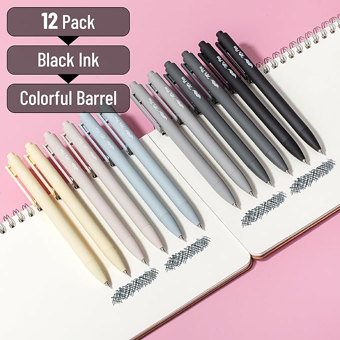 Mr. Pen- Retractable Gel Pens, 12 Pack, Black Ink, Monochrome Elegance Barrel, Fine Point 0.5mm, Fast Dry, Smooth Writing, Cute Pens for Drawing, Writing Planner and School Supplies