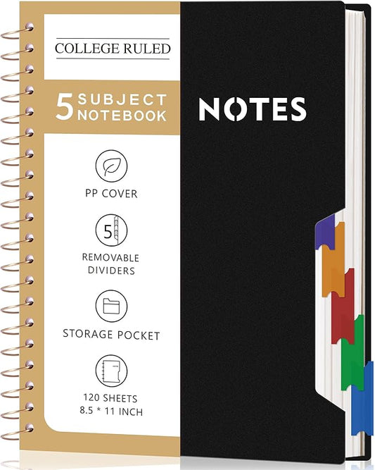 CAGIE Spiral Notebooks for School Work with Removable Dividers Tabs, 8.5” x 11” 5 Subject Notebook College Ruled, Large Lined Journaling Notebook for Women Men Writing, Black