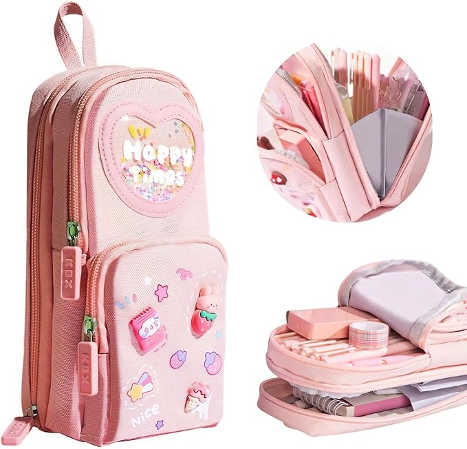 Large Capacity Kawaii Pink Pencil Case & Pencil Pouch – Cute 3-Compartment Stationery Organizer for School Supplies, Office, and Travel | Ideal Gift for Girls and Art Lovers