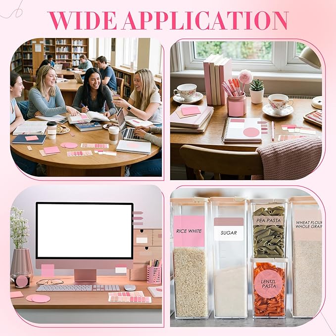 Glenmal Transparent Sticky Note Set 910 Sheets Translucent Clear Self-Adhesive Sticky Notes Bulk Gradient Color Waterproof for Bible Tabs Book Tabs Office Study Supplies Book Annotation (Pink)
