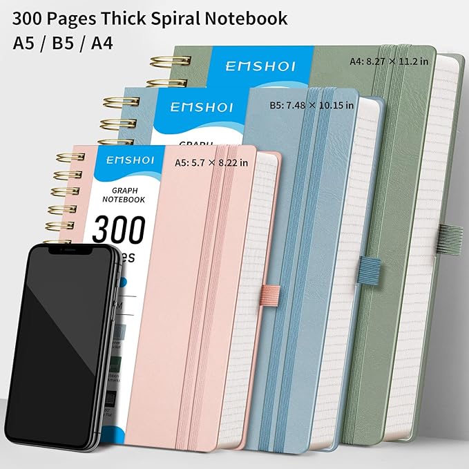 EMSHOI Spiral Graph Notebook, 300 Pages, B5 Large 7.48"x10.15", 100 GSM Thick Paper, PU Leather Hardcover, 5mm Grid Journal for Work School Math Engineering Writing Graphing, Gray Blue