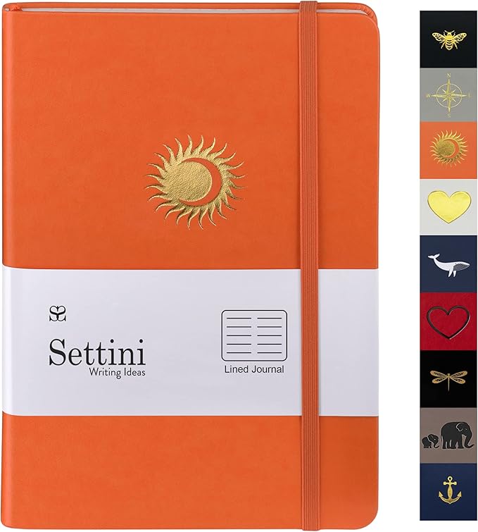 SETTINI Lined Journal, Ideal for Journaling - A5 Vegan Leather Notebook, 192 Archival-Quality Pages, QuillEase Bleed-Free Paper, Inner Pocket & Bookmark - Orange Gifts, Orange Sun