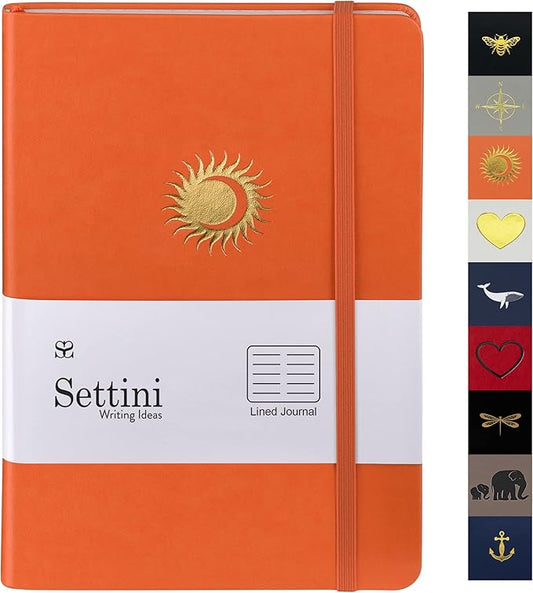 SETTINI Lined Journal, Ideal for Journaling - A5 Vegan Leather Notebook, 192 Archival-Quality Pages, QuillEase Bleed-Free Paper, Inner Pocket & Bookmark - Orange Gifts, Orange Sun