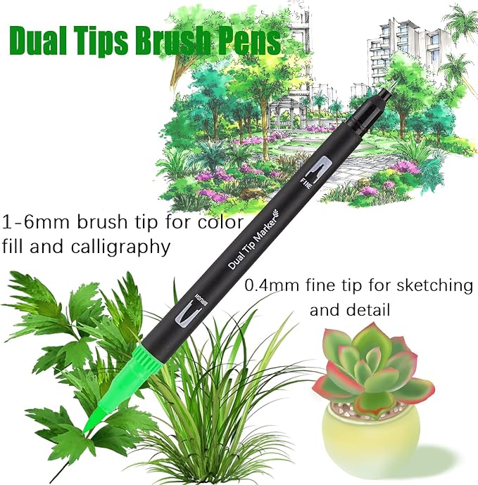 Green Dual Tip Brush Pen,Colored Fine & Brush Calligraphy Pens, Dual Tip Green Markers for Adult Coloring Felt Tip Books Drawing Planner Calendar Art Sketch Outlining Sketching Calligraphy