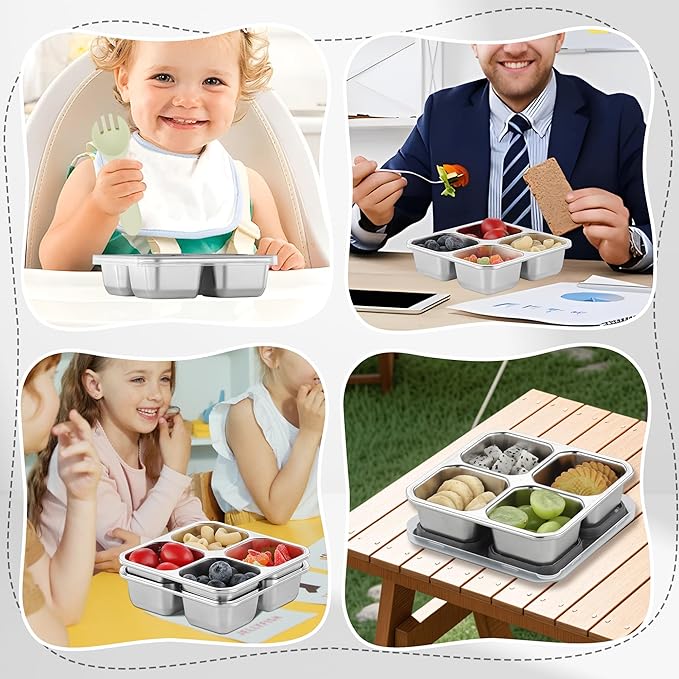 BEFOY 4 Pack Stainless Steel Snack Containers with Lids 4 Compartment Food Storage Containers for Adults & Kids Meal Prep Containers Reusablele (Gray, 4)
