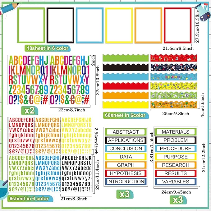 Sinload 92 Pcs Science Fair Board Supplies 60 Trim Scalloped Poster Boards 18 Presentation Subtitles 6 Project Titles 8 Letter Sticker for Classroom Display Boards(Multicolor,Science Lab)