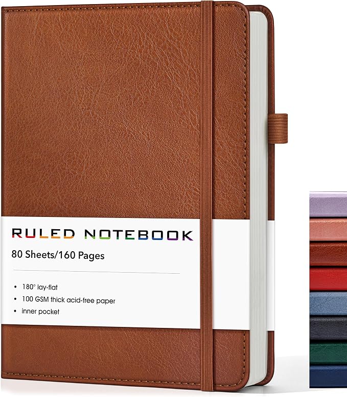 Lined Journal Notebook, A5 Hardcover Leather Journals for Writing, 160 Numbered Pages, 5.7'' x 8.3'' Journaling Notebooks for Men Women, Thick Paper College Ruled Journal for Work Office School, Brown