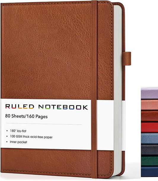 Lined Journal Notebook, A5 Hardcover Leather Journals for Writing, 160 Numbered Pages, 5.7'' x 8.3'' Journaling Notebooks for Men Women, Thick Paper College Ruled Journal for Work Office School, Brown