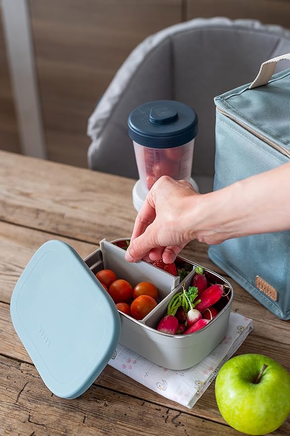 Beaba Stainless Steel Lunch Box, Kids Lunch Box with Silicone Lid, Bento Style Food Containers, Removable Silicone Dividers Make 1-3 Compartments, Rain