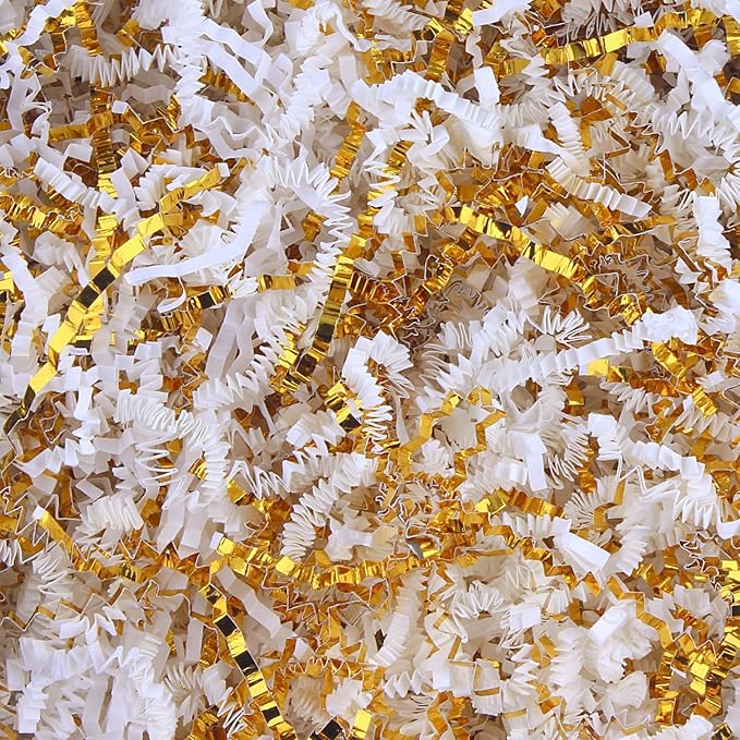 Crinkle Cut Paper Shred Filler 8 oz (1/2 lb) Gift Wrapping & Gift Basket Filler for Christmas, Halloween & Wedding Decorations,Crafting Activities,Many Color Options (White and Gold)