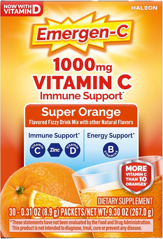 Emergen-C 1000mg Vitamin C Powder for Daily Immune Support Caffeine Free Vitamin C Supplements with Zinc and Manganese, B Vitamins and Electrolytes, Super Orange Flavor - 30 Count