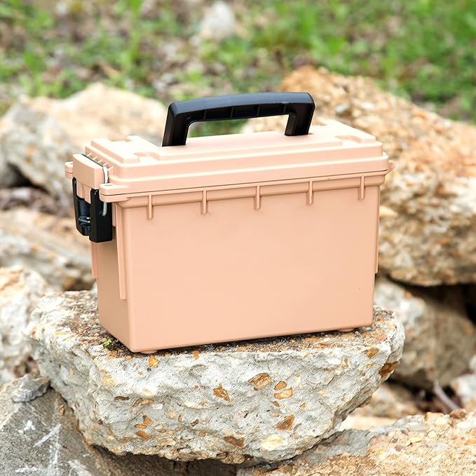 Sheffield 12627 Ammo Storage Box, Stackable .30 Cal Field Boxes, Water and Dust Resistant, Lockable Storage Box with Handle, Secures Hunting Gear, Supplies, and Bullets, Made in USA, Tan, (Pack of 6)
