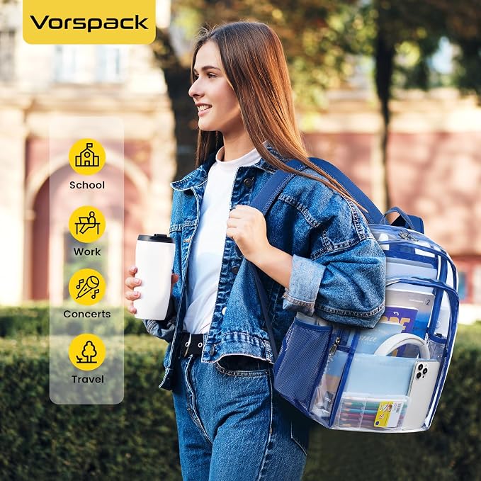 Vorspack Clear Backpack Heavy Duty - Large Clear Backpacks Transparent Bookbag for Girls Boys Large See Through Bag for Work, College, Concert - Blue