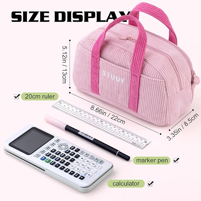 EASTHILL Corduroy Hand-held Pencil Case Large Cute Pencil Pouch Stationery Pen Bag for Teen Girls-Pink
