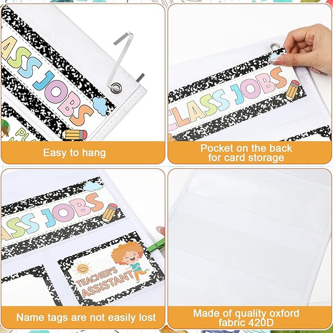 JarThenaAMCS Composition Notebook Class Jobs Pocket Chart Back to School Class Management Teacher's Helpers Pocket Chart with Clips Card for Preschool Classroom Must Haves Daily Schedule Supplies