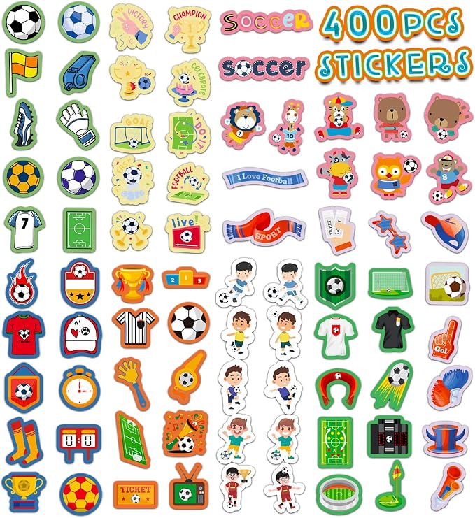 Soccer Party Favors, 400Pcs Soccer Stickers for Boys Girls Kids Teens | 40Sheets with 400 Vinyl Waterproof Soccer Stickers, Football Games Crafts Activities Goodie Bag Stuffers Gifts for Kids Teens