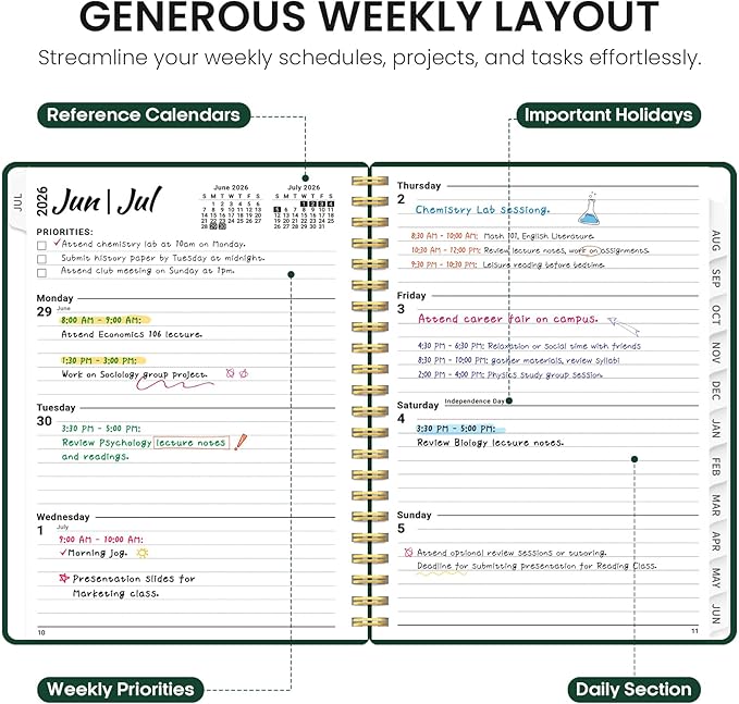 Planner 2026-2027, Weekly and Monthly Academic Year Planner Calendar, July 2026 - June 2027, Hardcover Large School Planning Agenda With Tabs, Perfect for School & Office Supplies, A4 (8.5" x 11"), Dark Green