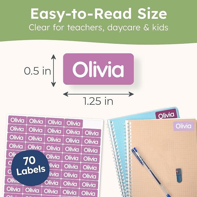 Personalized Universal Name Labels for Kids & Adults - Purple [70pcs] - Waterproof Name Stickers for School, Daycare & Clothes - Item & Supplies Name Stickers - Custom Stick On Labels