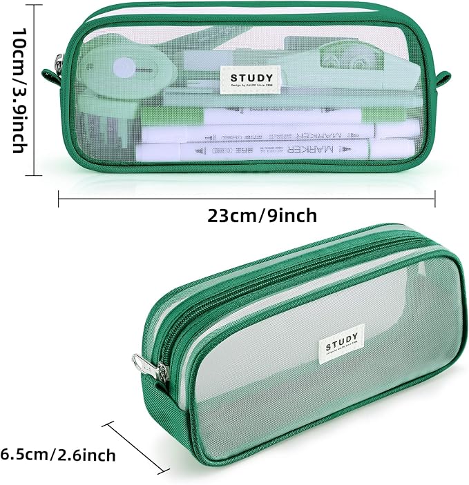 Grid Mesh Pencil Case Pouch Large Capacity Pencil Bag with Zipper | Big Pencil Pouch Dark Green Simple Stationery Bag Aesthetic Pen Bag for School Teen Girl Boy Multi-Purpose Bag for Office Men