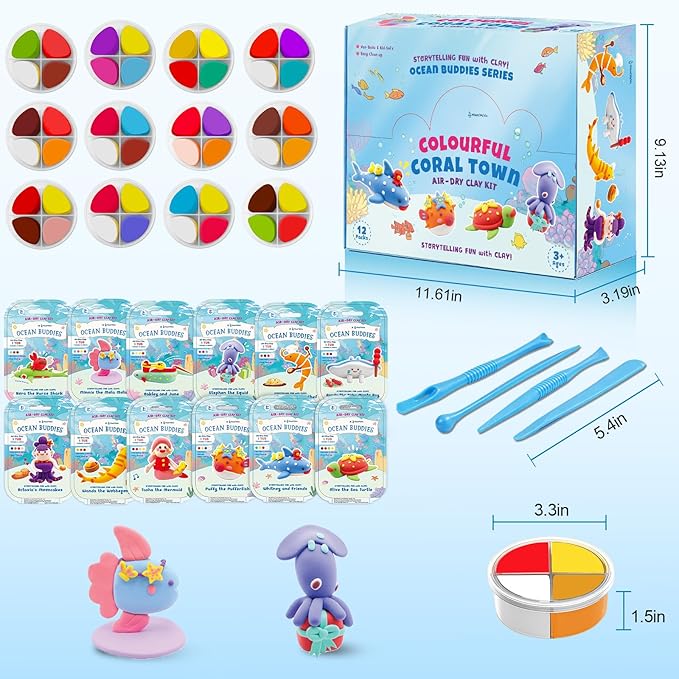 Ocean Buddies Air Dry Clay Kit for Kids - 12 Marine Animal Models with 4 Colors & Sculpting Tools, Ultra Light & Soft Modeling Clay Set, Non-Toxic DIY Arts and Crafts Gift for Boys & Girls Ages 3+