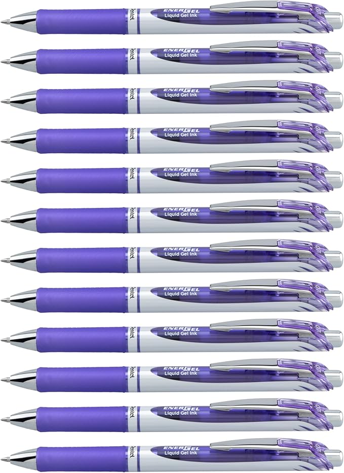 Pentel EnerGel RTX Retractable Liquid Gel Ink Pen, (0.7mm) Medium line, Lilac Ink, Box of 12 Pens (BL77-V3)