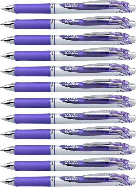 Pentel EnerGel RTX Retractable Liquid Gel Ink Pen, (0.7mm) Medium line, Lilac Ink, Box of 12 Pens (BL77-V3)
