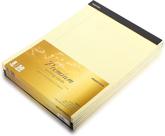 Mintra Office Canary Legal Pads - Premium Quality Heavyweight Paper With Micro-perforated sheets, Smooth-lined paper, Ideal for Office Tasks, Assignments or Notes, Meetings, and Journaling, 6 pack, Yellow Paper, Narrow Ruled, Premium Writing Pad, 8.5"x11"