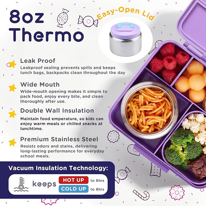 Bento Lunch Box for Kids with 8oz Soup Thermo Leak-Proof Lunch Food Containers with Snack Sauce Container for Kid Girls Boys to School,Purple Bag