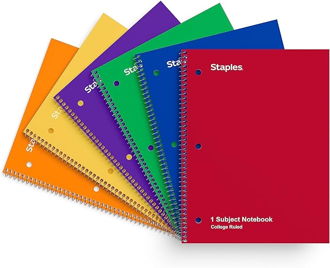 STAPLES 1‑Subject Spiral Notebook, 8” x 10.5”, College Ruled, 70 Sheets, Assorted Colors, 6‑Pack