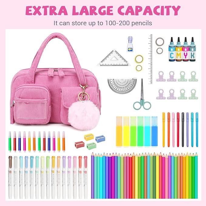 Pencil Case Corduroy Multiple Compartments Pouch Bag for Girl, Hot Pink