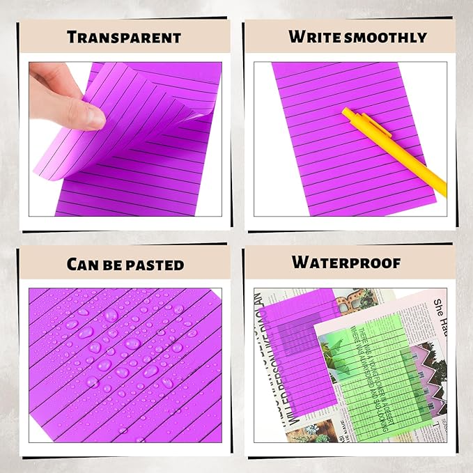 Yinder 6 Pack Pastel Transparent Sticky Notes Translucent Clear Lined Self Stick Note, Back to School Gifts for Bible Tabs, Book Tabs, School Supplies Office, 30 Sheets/Pack, 4 x 6'' (Bright Color)