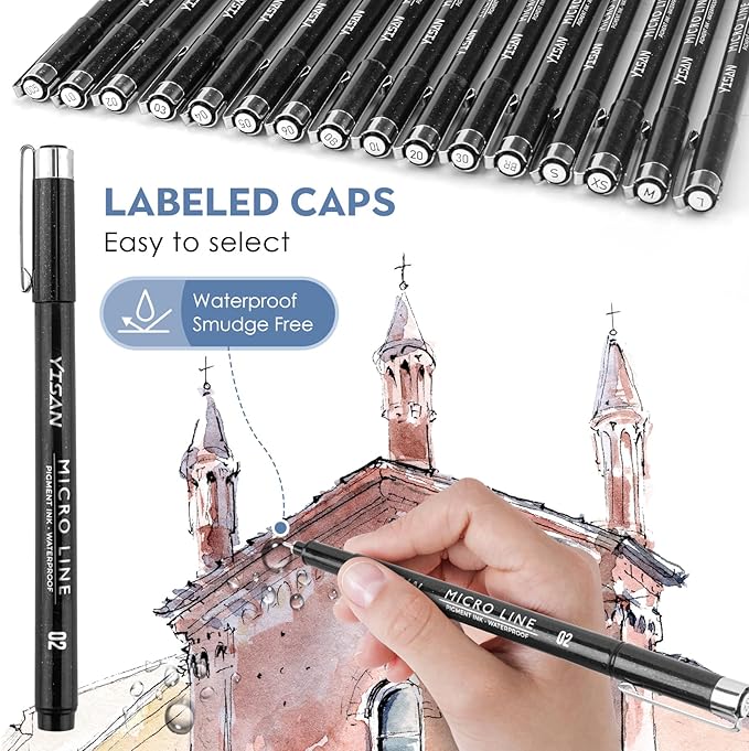 YISAN Black Drawing Art Markers,Micro Fineliner Manga Pens,Calligraphy Pens for Sketching Technical Drawing,16 set 70351