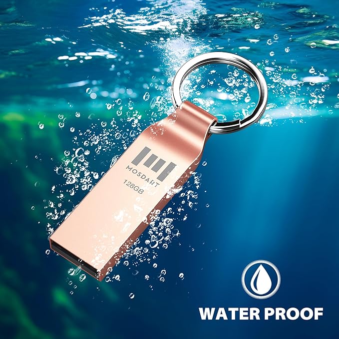 MOSDART Waterproof 128GB USB2.0 Flash Drive, exFAT Metal Memory Stick with Keychain, for System Back, Data Storage, Rose Gold