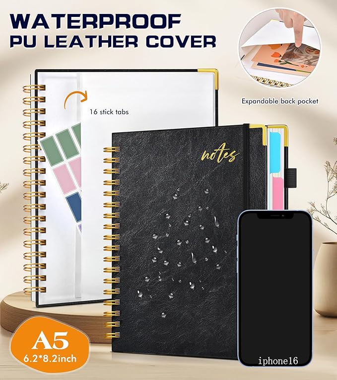 5 Subject Spiral Notebook Journal with Removable Dividers Tabs, 300 Pages Organizer Notebooks for Work School, A5 Hardcover Leather Notebook College Ruled, Lined Journal for Women Men，Black